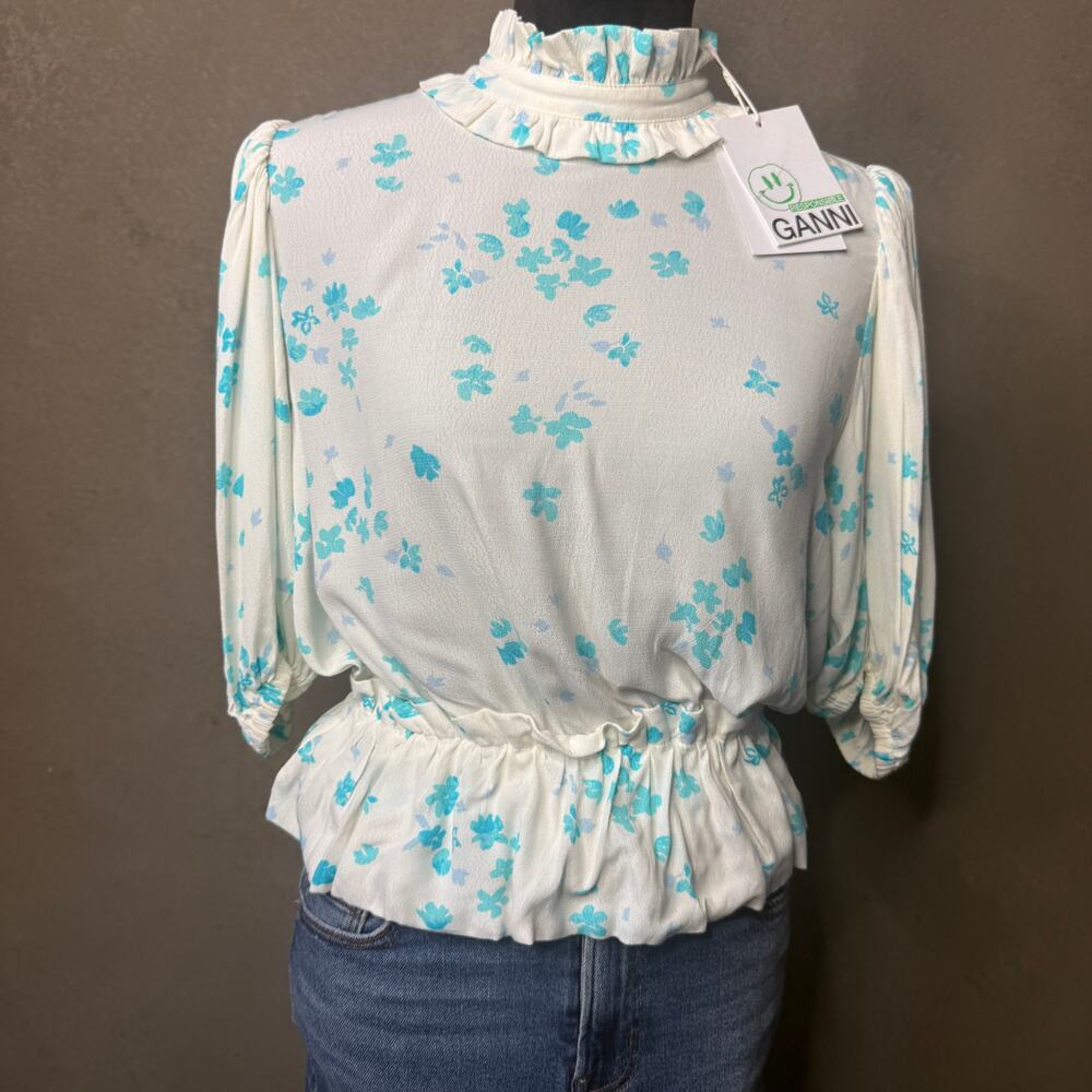 GANNI Egret Floral Ruffle Neck Puff Sleeve Peplum Blouse NWT Size 38